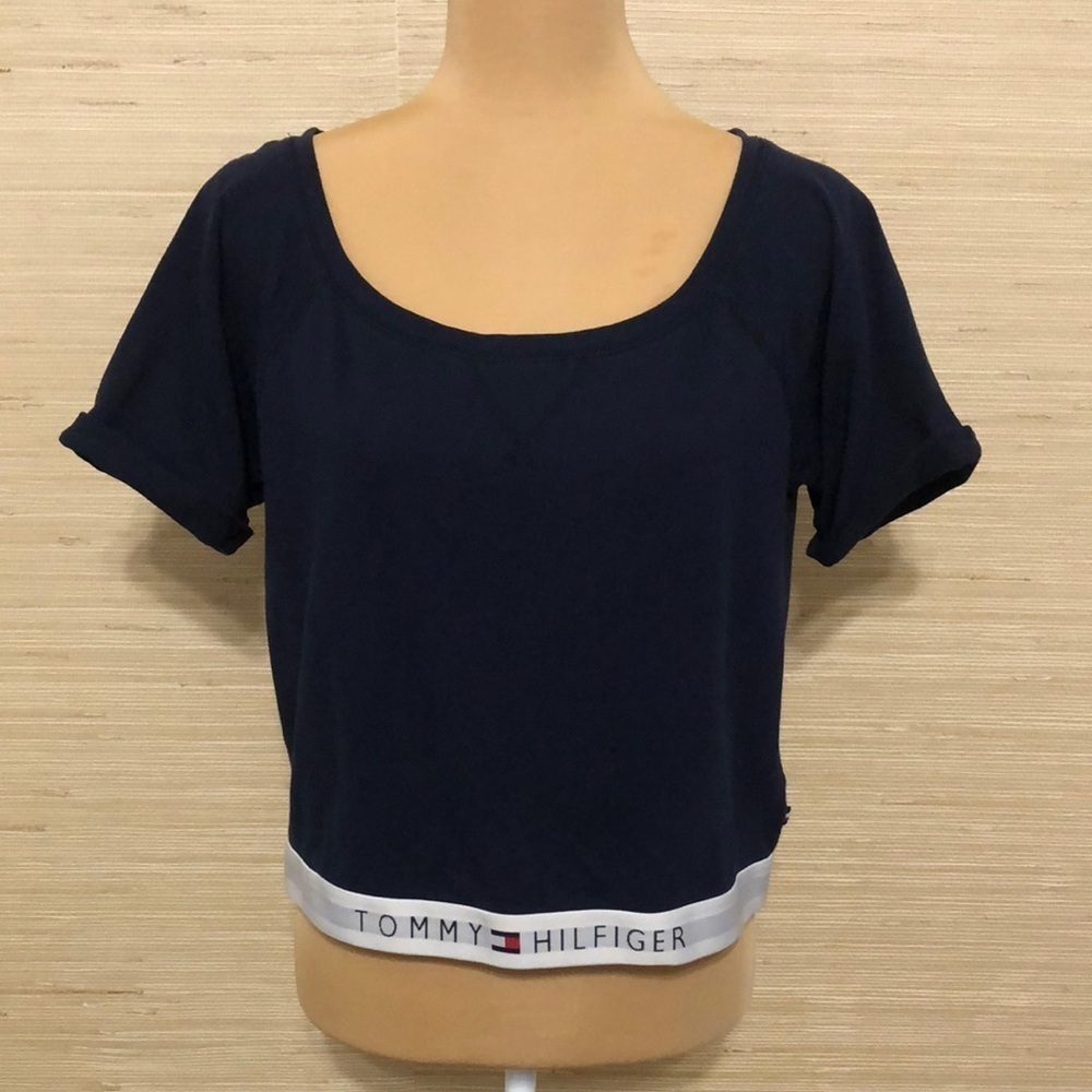 Tommy Hilfiger Women's Navy Fold-over Short Sleeve Crop Top Size Small